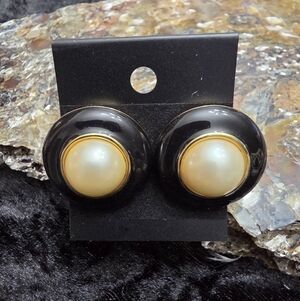 Classic Black and Pearl Button Earrings - Gold Accent